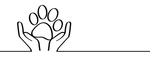 Supporting, two open hands or open hand palms and dog or cat footprint, keep safe. Cartoon, comic safe hand concept. Line pattern. protection dogs or cats. Flat vector foot print pictogram or logo.