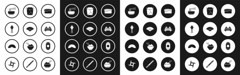 Set Sushi, Japanese ninja shuriken, Asian noodles bowl and chopsticks, on cutting board, Rstaurant opened take out box filled, paper lantern and Chinese fortune cookie icon. Vector