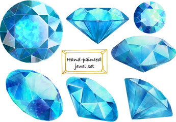 色んな方向から見たブリリアントカットの青緑の宝石セット　ベクター素材