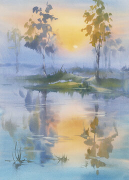 Morning mist by the lake in autumn watercolor background