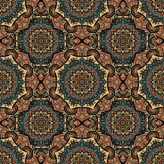 Abstract seamless flower backdrop. Design for prints, textile, decor, fabric. Round colorful texture in gray and brown colors. Mandala background
