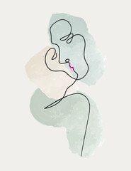 Love vector. Symbol of love. Kiss line vector illustration. Beige water color Minimalist Face icon. Couple logo. 2 faces. Man and woman. Couple kissing line drawing. Love line art. Minimalism print