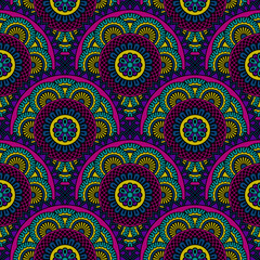 Abstract seamless backdrop. Round colorful texture in violet, blue and yellow colors. Mandala background. Oriental pattern for design