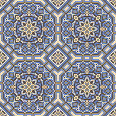 Abstract seamless backdrop. Design for prints, textile, decor, fabric. Round colorful texture in blue and brown colors