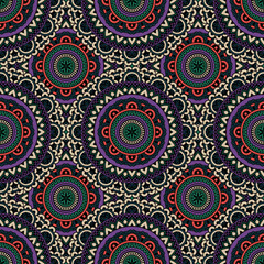 Abstract seamless backdrop. Round colorful texture in green, violet and beige colors. Mandala background. Oriental pattern for design