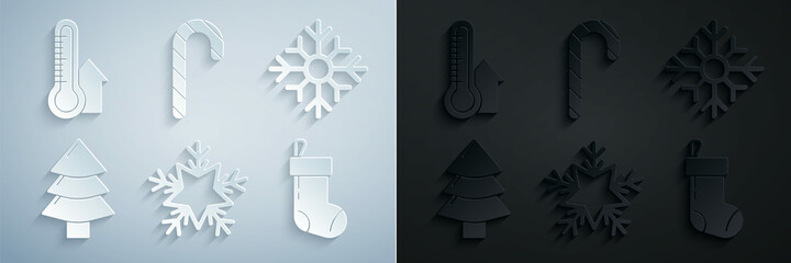Set Snowflake, Christmas tree, stocking, candy cane with stripes and Meteorology thermometer measuring icon. Vector