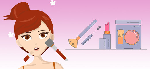 model face doing makeover Glamour Makeup Face Care and Beauty on pink gradient background