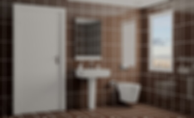 Bokeh blurred phototography. Clean and fresh bathroom with natural light. 3D rendering.