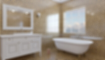 Obraz na płótnie Canvas Bokeh blurred phototography. Bathroom interior bathtub. 3D rendering.
