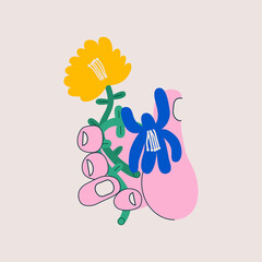 Flat colorful illustration of hand with beautiful strange flowers