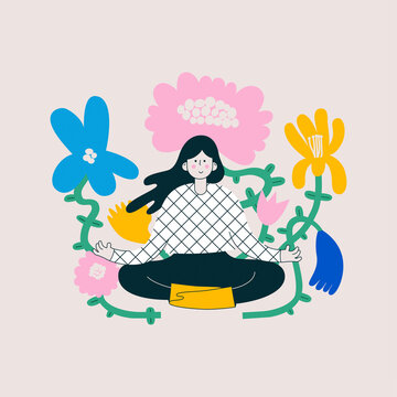 Flat colorful illustration of young dreaming girl, who is meditating in garden of flowers