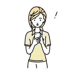 立ってスマートフォンを操作して何かに気づいて驚いたポロシャツの女性