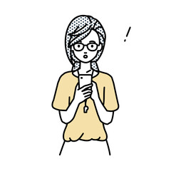 立ってスマートフォンを操作して何かに気づいて驚いた教師の女性