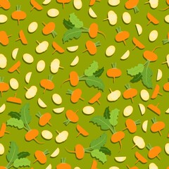 Seamless background of orange turnips. Whole, half, and sliced turnip. Yellow turnip with tops. Flat style. Organic vegetables. Vector illustration isolated on geern background. Seamless pattern