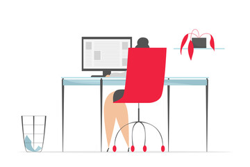 Woman working on computer. Vector illustration.