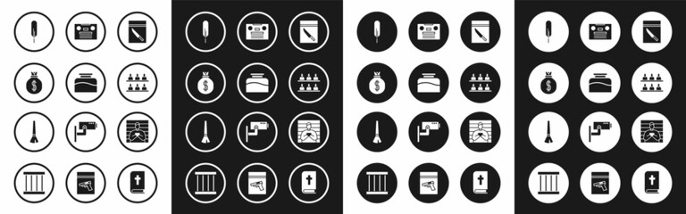 Set Evidence bag and knife, Inkwell, Money, Feather pen, Jurors, Retro audio cassette tape, Suspect criminal and Paint brush icon. Vector
