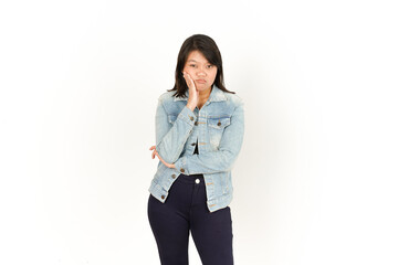 Boring Gesture of Beautiful Asian Woman Wearing Jeans Jacket and black shirt Isolated On White Background