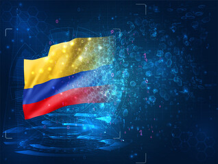 Colombia, vector 3d flag on blue background with hud interfaces
