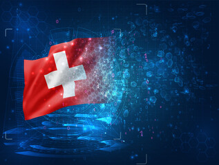 Switzerland, vector 3d flag on blue background with hud interfaces