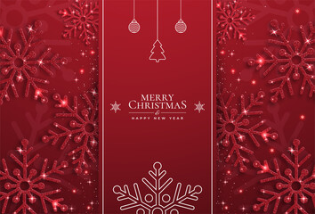 Christmas background with shining red snowflakes and snow. Merry Christmas card illustration on red background. Sparkling red snowflakes with glitter texture