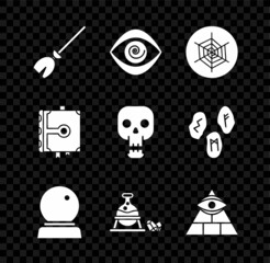 Set Witches broom, Hypnosis, Spider web, Magic ball, cauldron and magic stone, Masons, Ancient book and Skull icon. Vector - obrazy, fototapety, plakaty