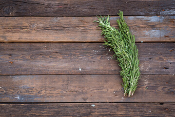 Green rosemary stems on the kitchen wooden table background with copy space.