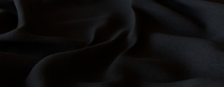 Black Fabric Background with Ripples. Luxury Surface Texture.
