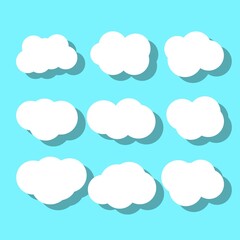 Set of white clouds on a blue background with shadow
