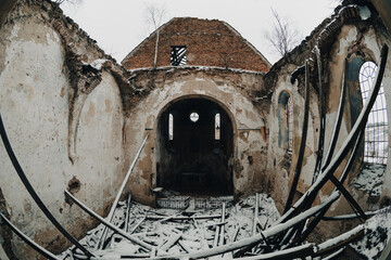 Fisheye interior of haunted old church near Lviv, Ukraine. Ruined ancient walls, ruine and broken...