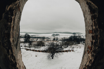 Bleak cold snowy fields in Ukraine. View from abandoned cathedral.