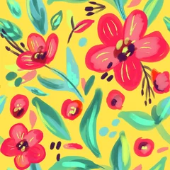 Behang Geel Naadloos patroon met rode bloemen en groene bladeren. Kan worden gebruikt als ontwerp voor alle producten.