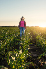 Fototapeta premium Female caucasian maize farmer with tablet computer inspecting stalks at field