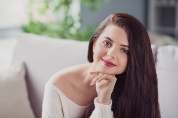 Fototapeta premium Photo of young pretty lovely brunette hair girl home sit couch dream enjoy free-time rest cozy weekend
