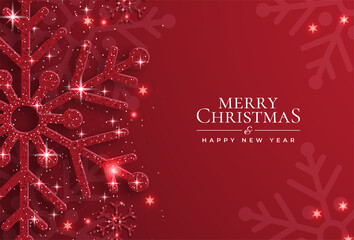 Christmas background with shining red snowflakes and snow. Merry Christmas card illustration on red background. Sparkling red snowflakes with glitter texture
