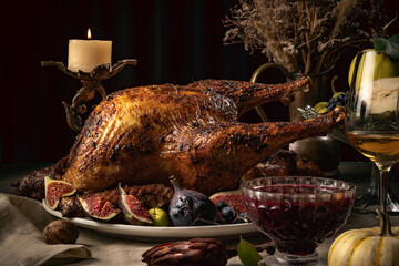 Close-up festive decorated table with roasted turkey and season traditional vegetables. Figs, pumpkins. Thanksgiving day