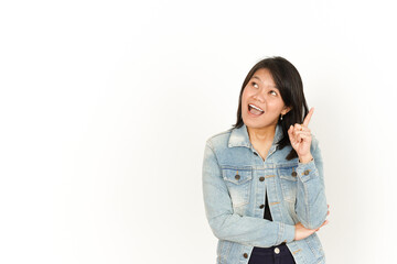 Thinking of Beautiful Asian Woman Wearing Jeans Jacket and black shirt Isolated On White Background