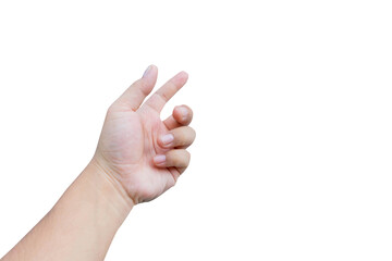 a hand holding something like a bottle or smartphone on white background, hand isolated on white background with clipping path.