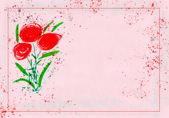 red watercolor poppies on pink background, greeting card template with beautiful watercolor poppies, paint splashes in thin frame.