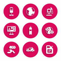 Set Bottle of water, Car, Bio fuel canister, Global warming fire, Barrel oil leak, Television report, Petrol gas station and Trash icon. Vector