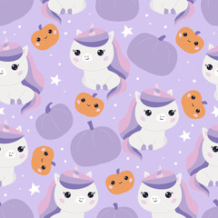 Childish seamless pattern with cute kawaii unicorns and Halloween pumpkins. Autumn holiday. Fantasy animals. Vector illustration.