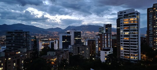 Landscape at night in El Poblado with buildings. Medellin, Antioquia, Colombia. 