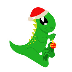 Cute dinosaur in christmas red cap and toy ball in his paws. Vector illustration isolated on white background. Design element for use as site design postcards print on clothing accessories posters