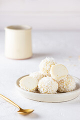 Coconut truffles on a light background. Sugar, gluten and lactose free, vegan.
