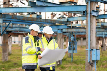 Two engineers discuss a drawing on paper in the open air against the background of a high-voltage power line. Engineers in special clothing are working on site