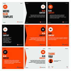 Microblog carousel slides template for instagram. Nine pages with flat background and orange, black soft grey colors theme.