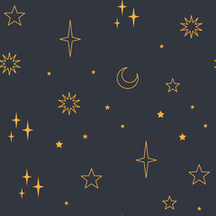 Stars seamless pattern with sun, moon. Mystical esoteric background for astrology design. Cosmos and space texture background.