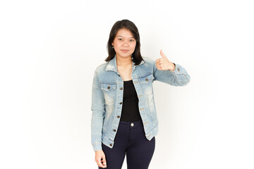 Showing Thumbs Up of Beautiful Asian Woman Wearing Jeans Jacket and black shirt Isolated On White Background
