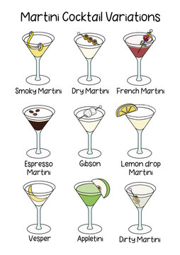 Collection set of classic martini cocktail variations such as Vesper, Espresso, Appletini, Gibson, Dirty, French, Smoky Martini etc. A4 A3 international paper size picture for posters, bar menu decor