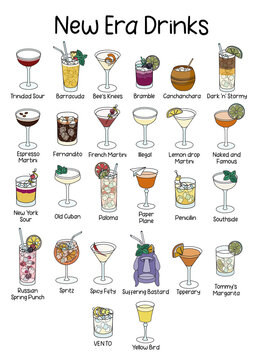 Collection set of New Era Drinks official list cocktails Paloma, Russian Spring Punch, Spritz, Fernandito, French Martini, Bramble, Yellow Bird etc. A4 A3 international paper size picture for posters