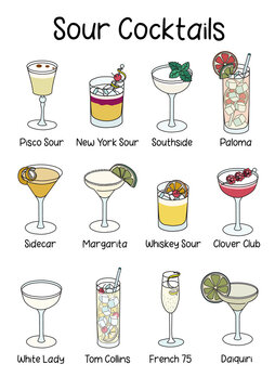 Collection Set Of Classic Famous Sour Cocktail Such As Whiskey Or New York Sour, Clover Club, Paloma, Margarita, Daiquiri, Sidecar. A4 A3 International Paper Size Picture For Posters, Bar Menu Decor